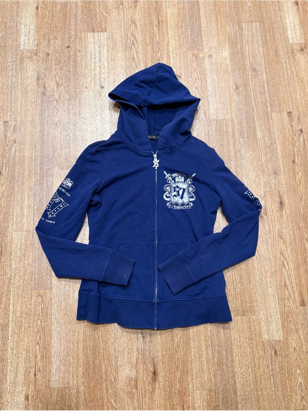 Seven7 Navy Blue Zip-Up Hoodie with Crest